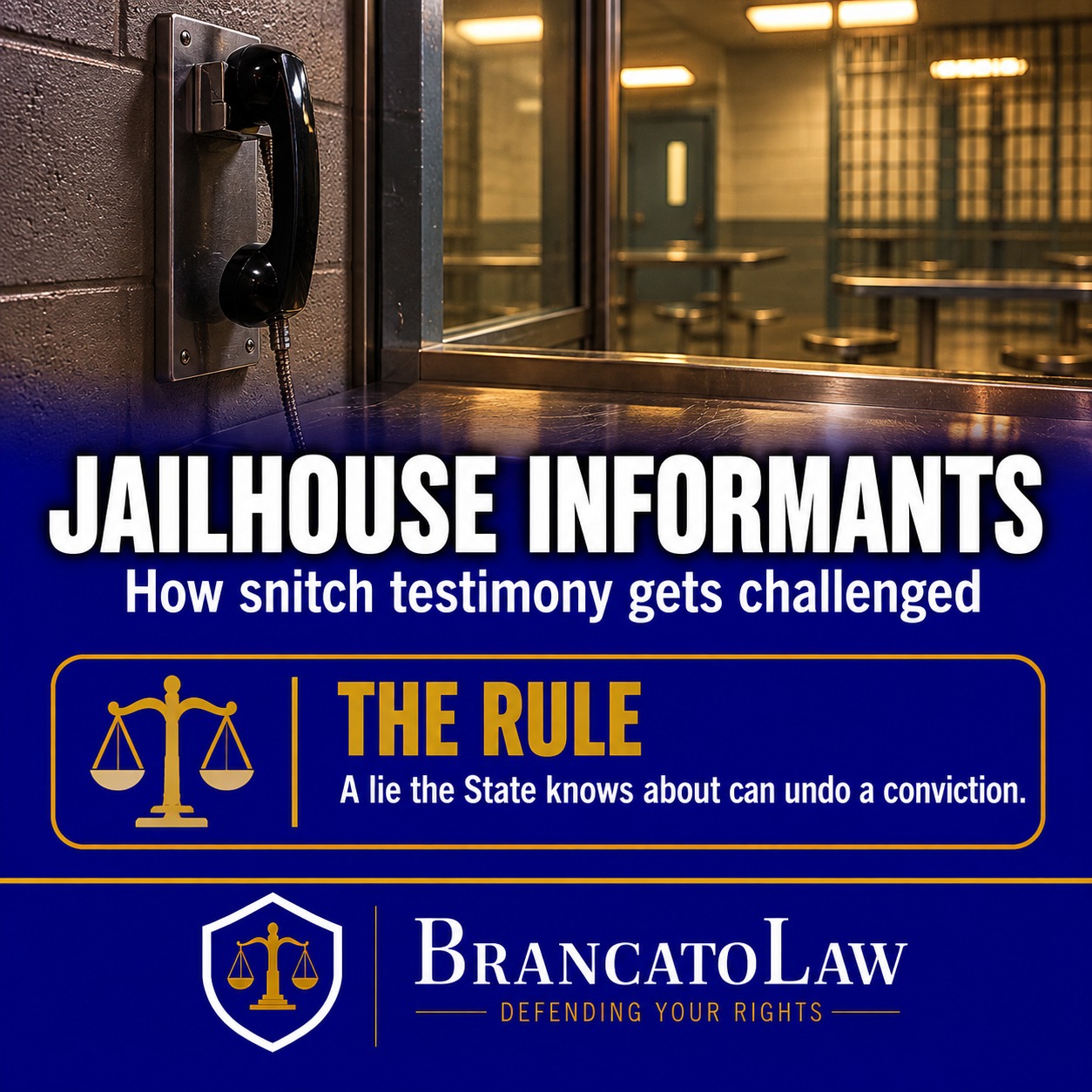 Infographic cover on challenging jailhouse informant testimony in Florida: a lie the State knows about can undo a conviction. Brancato Law, Tampa criminal defense.