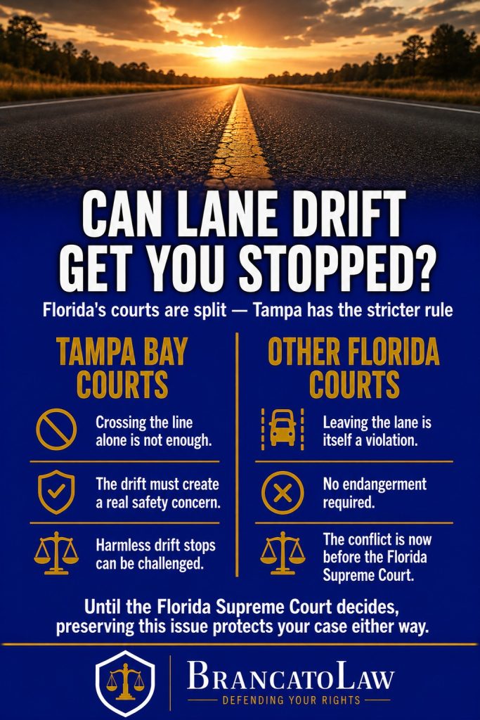 Comparison infographic on Florida lane-drift traffic stops: Tampa Bay courts require the drift to create a real safety concern, other districts treat any lane departure as a violation, and the conflict is before the Florida Supreme Court. Brancato Law, Tampa.