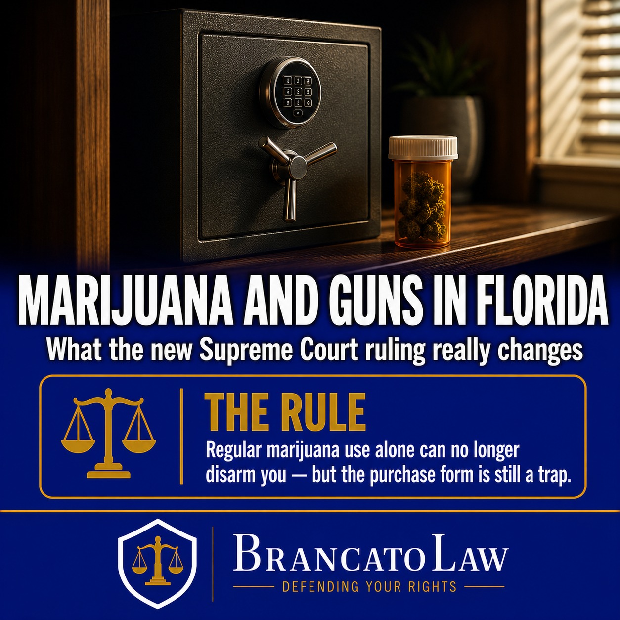 Infographic cover on marijuana and gun rights in Florida after the 2026 Supreme Court ruling: regular marijuana use alone can no longer disarm you, but the federal purchase form remains a trap. Brancato Law, Tampa criminal defense.
