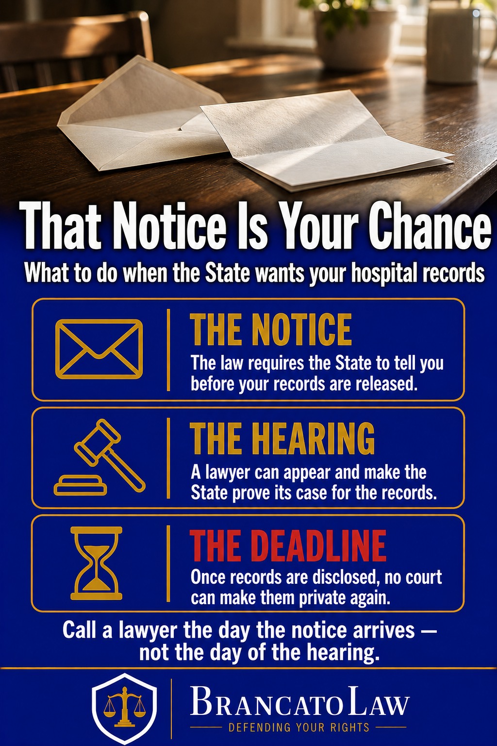 Infographic explaining that Florida law requires notice to the patient before medical records are subpoenaed, that a lawyer can contest the subpoena at a hearing, and that disclosure cannot be undone, from The Brancato Law Firm, P.A.