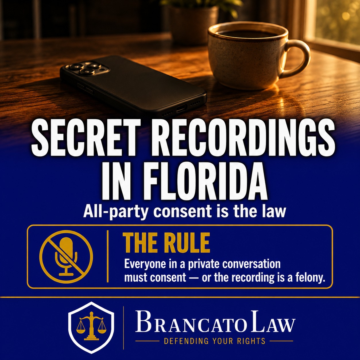 Infographic cover on Florida's secret recording law: every person in a private conversation must consent before recording, and violating the all-party consent rule is a felony. Brancato Law, Tampa criminal defense.