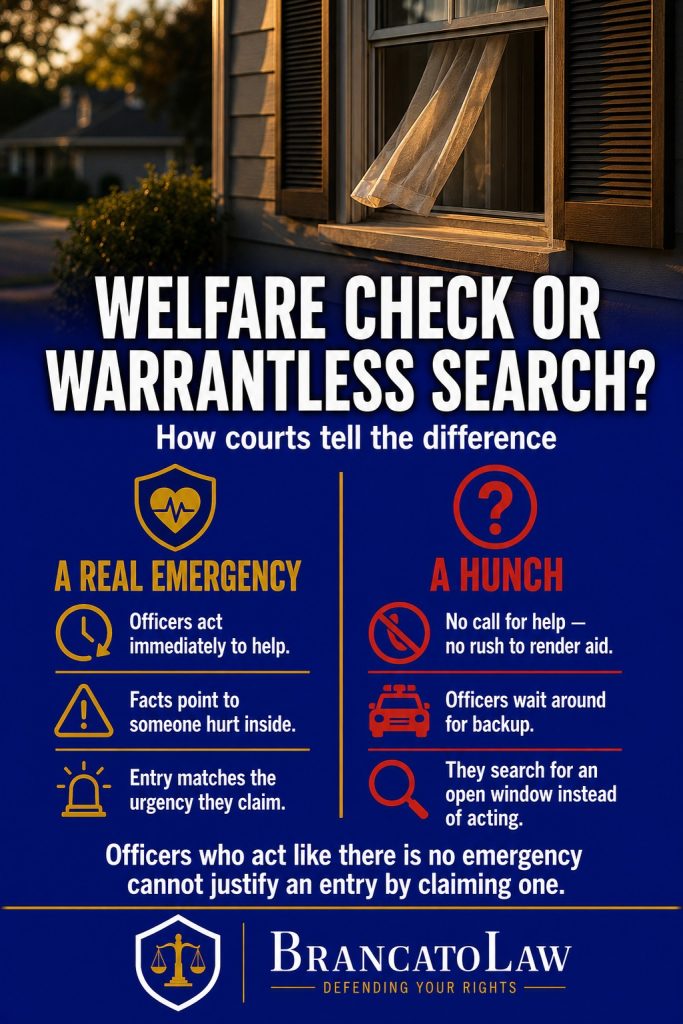 Comparison infographic on Florida welfare-check home entries: a real emergency means immediate action on facts showing danger, while a hunch — waiting for backup and hunting for an open window — makes the entry unlawful. Brancato Law, Tampa.