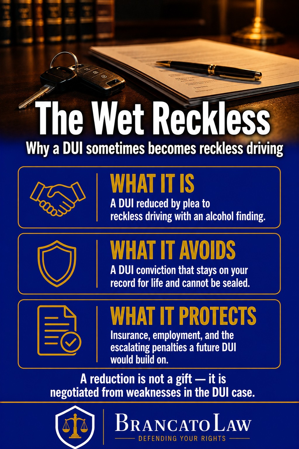 Infographic explaining the wet reckless plea in Florida, where a DUI is reduced to reckless driving with an alcohol-related finding, avoiding a lifetime DUI conviction, from The Brancato Law Firm, P.A. in Tampa.
