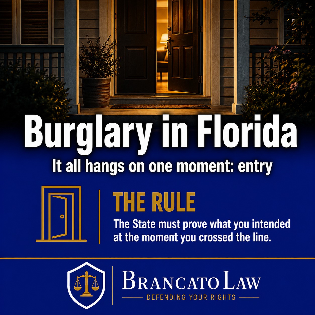 Cover graphic explaining that Florida burglary turns on the intent the person had at the moment of entry, the State’s hardest element to prove, from The Brancato Law Firm, P.A. in Tampa.