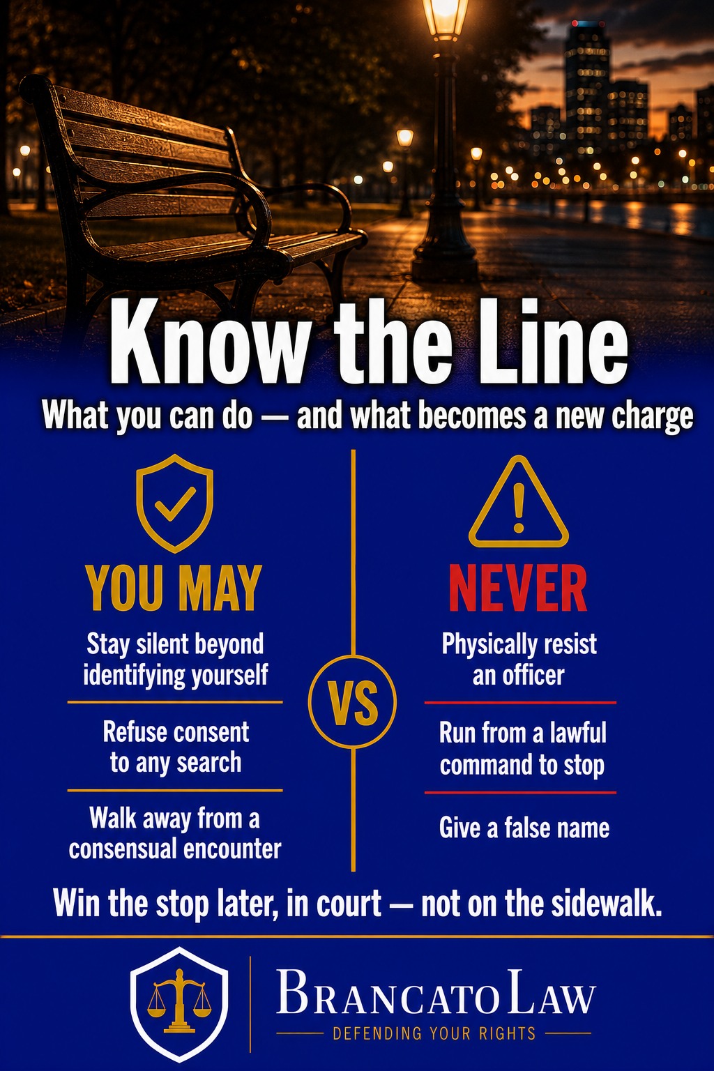 Infographic comparing what a person may lawfully do during a Florida police stop — stay silent, refuse consent, walk away from a consensual encounter — with conduct that creates a new charge, from The Brancato Law Firm, P.A.