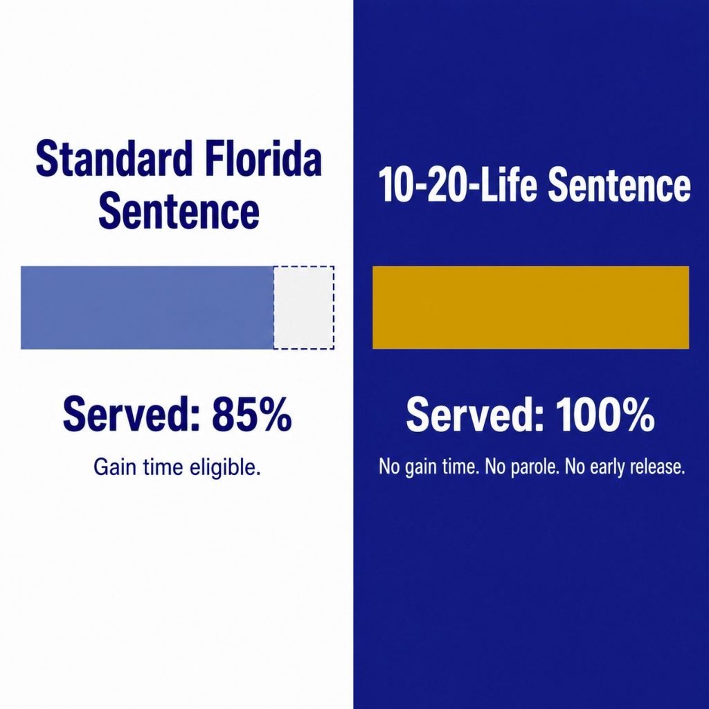Side-by-side comparison showing standard Florida sentences served at 85 percent versus 10-20-Life sentences served at 100 percent