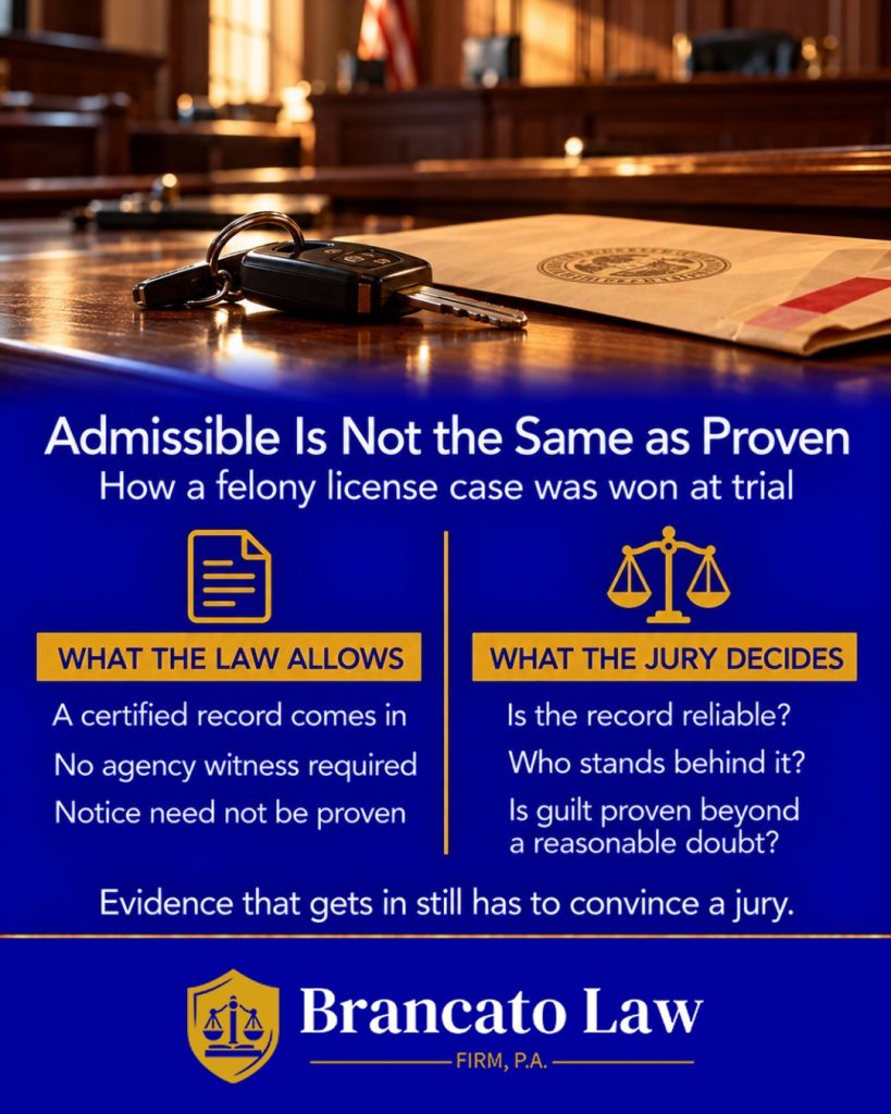 Admissible is not the same as proven: in a Florida felony DWLS trial a certified DHSMV record comes in, but the jury decides if guilt is proven beyond a reasonable doubt. The Brancato Law Firm, P.A.