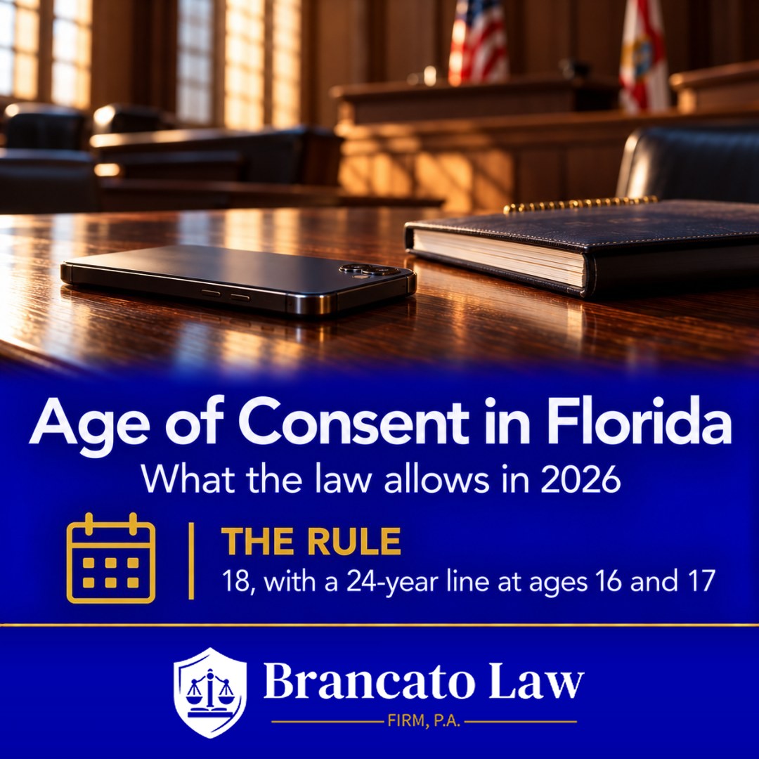 Cover graphic from The Brancato Law Firm on the age of consent in Florida: the age of consent is 18, with a 24-year line for 16- and 17-year-olds under section 794.05.