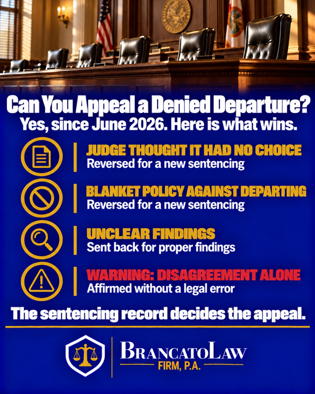Infographic: since Parrish v. State (Fla. June 2026), Florida defendants can appeal a judge's refusal to grant a downward departure, but reversal requires a legal error such as a judge believing it had no discretion, a blanket policy, or unclear findings; arguing the judge should have departed is not enough. The Brancato Law Firm, P.A.