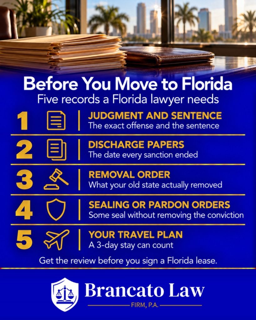 Checklist graphic from The Brancato Law Firm, P.A. on what to gather before moving to Florida after sex offender registry removal in another state: 1. The judgment and sentence. 2. Discharge or release papers showing when every sanction ended. 3. The other state's removal order. 4. Any sealing, expungement, pardon, or set-aside order. 5. Your travel plan, because a stay of 3 or more days can count as a Florida residence.