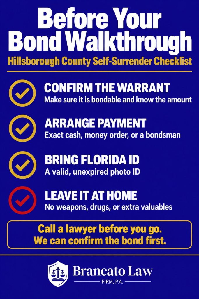 Checklist from The Brancato Law Firm, P.A. for a Hillsborough County bond walkthrough: confirm the warrant is bondable, arrange exact payment or a bondsman, bring Florida ID, and leave contraband at home