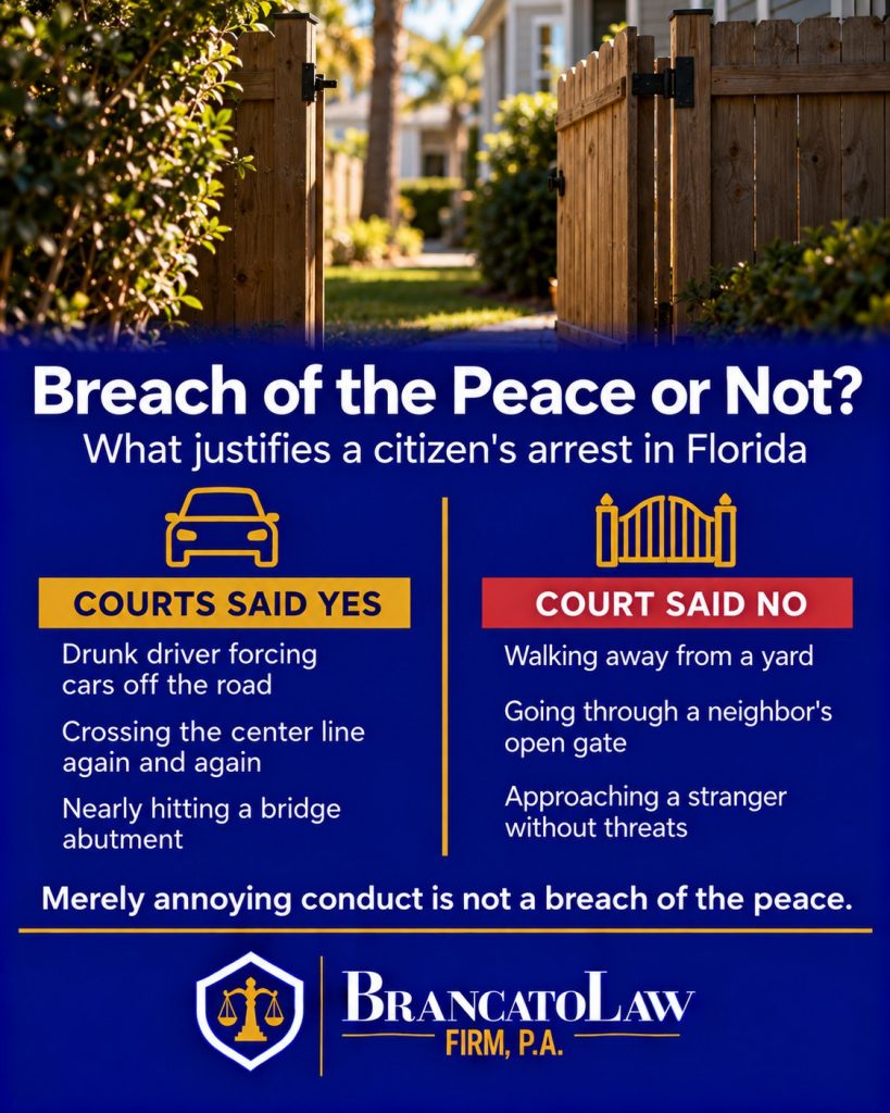 Breach of the peace for a citizen's arrest in Florida: dangerous drunk driving qualified, while leaving a yard, walking through a gate, or approaching a stranger calmly did not, from The Brancato Law Firm, P.A.