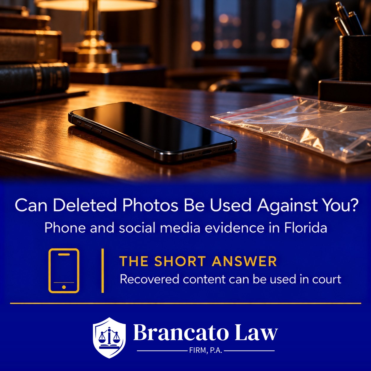 Cover graphic asking whether deleted photos can be used as evidence in Florida, explaining that recovered phone and social media content can be used in court, from The Brancato Law Firm, P.A., Tampa criminal defense