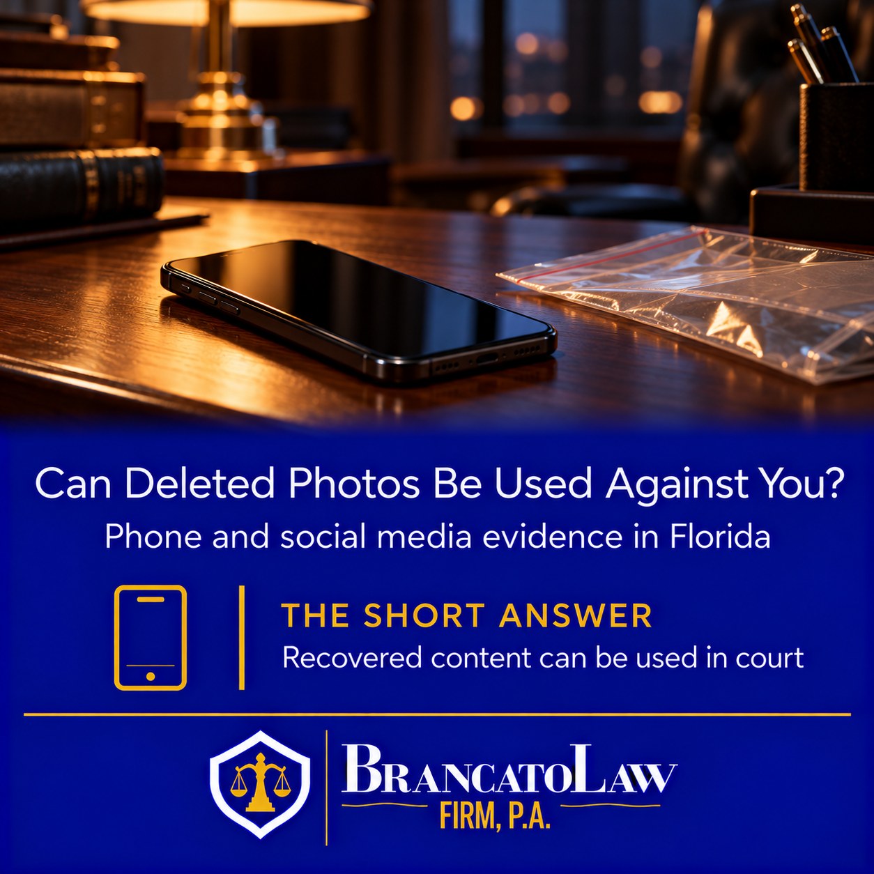 Cover graphic asking whether deleted photos can be used as evidence in Florida, explaining that recovered phone and social media content can be used in court, from The Brancato Law Firm, P.A., Tampa criminal defense