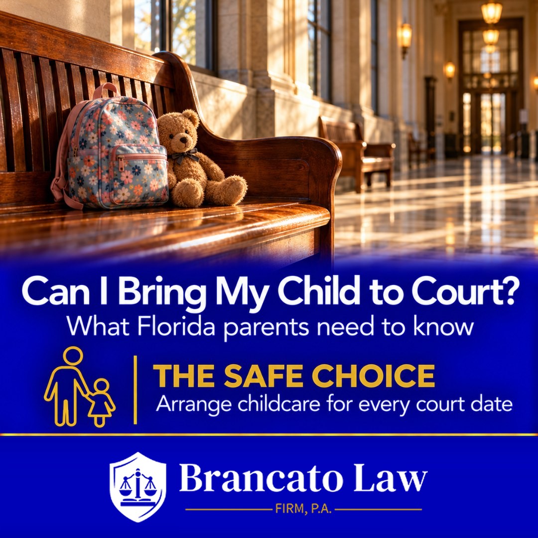 Cover graphic for The Brancato Law Firm, P.A. guide by Tampa criminal defense attorney Rocky Brancato answering can I bring my child to court in Florida. A child's backpack and teddy bear on an empty courthouse hallway bench, with the advice to arrange childcare for every court date.