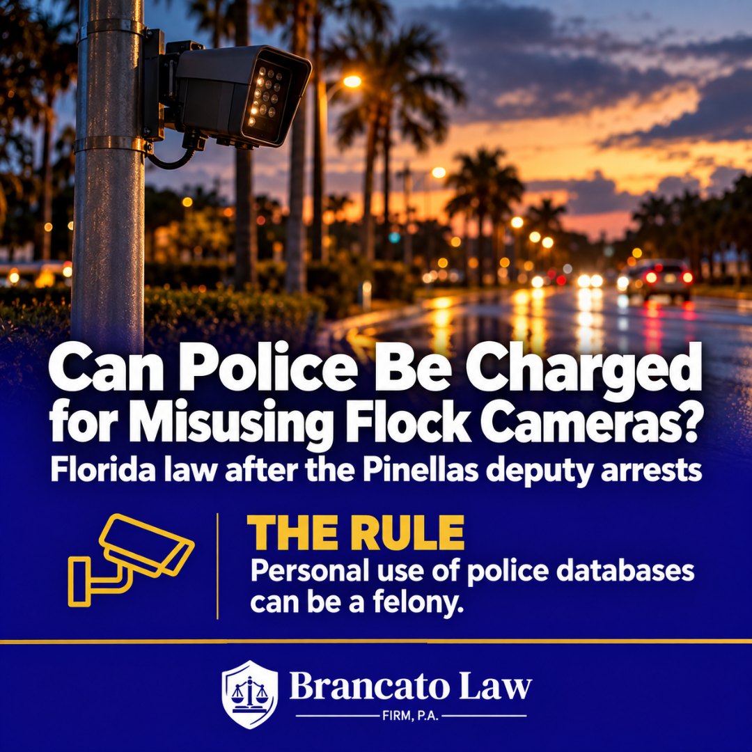 Cover graphic asking whether police can be charged for misusing Flock cameras in Florida after the Pinellas deputy arrests, with a license plate reader camera at dusk, from The Brancato Law Firm, P.A.