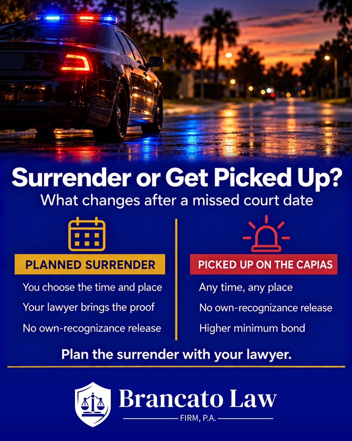 Comparison of a planned surrender versus being arrested on a capias after a missed court date in Hillsborough County, from The Brancato Law Firm, P.A.: no own-recognizance release either way, and a higher minimum bond after an arrest.