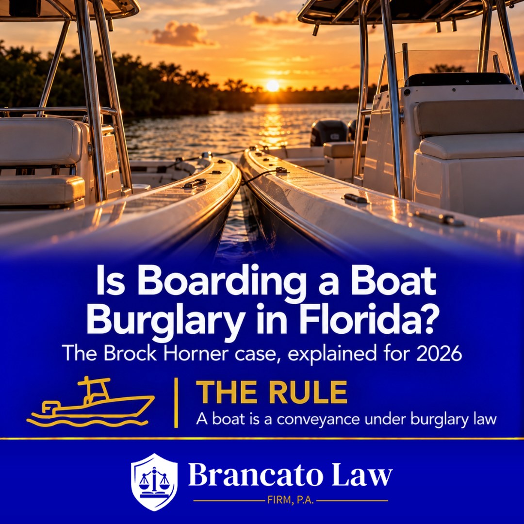 Cover graphic for The Brancato Law Firm, P.A. analysis by Tampa criminal defense attorney Rocky Brancato of the Captain Brock Horner boat case: two fishing boats side by side, with the rule that a boat is a conveyance under Florida burglary law, so boarding one to commit an offense can be burglary.