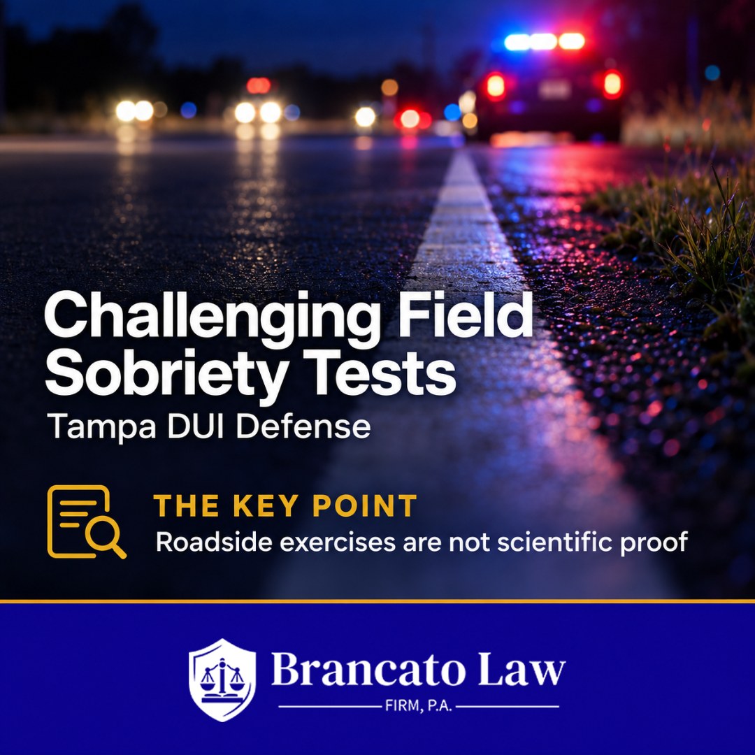 Cover graphic for The Brancato Law Firm guide to challenging field sobriety tests in a Tampa DUI, noting roadside exercises are not scientific proof