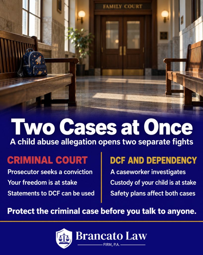 Infographic showing that a child abuse allegation in Tampa opens a criminal case and a separate DCF dependency case, with what is at stake in each.