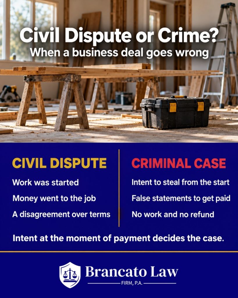Infographic comparing a civil business dispute, where work was started and money went to the job, with a criminal case, where there was intent to steal from the start, false statements, and no work or refund.