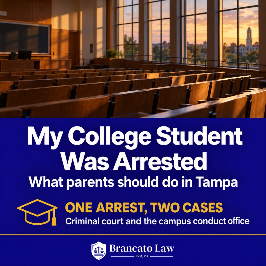 College student arrested in Tampa: one arrest creates two cases, the criminal case and the campus conduct case, explained by The Brancato Law Firm, P.A.