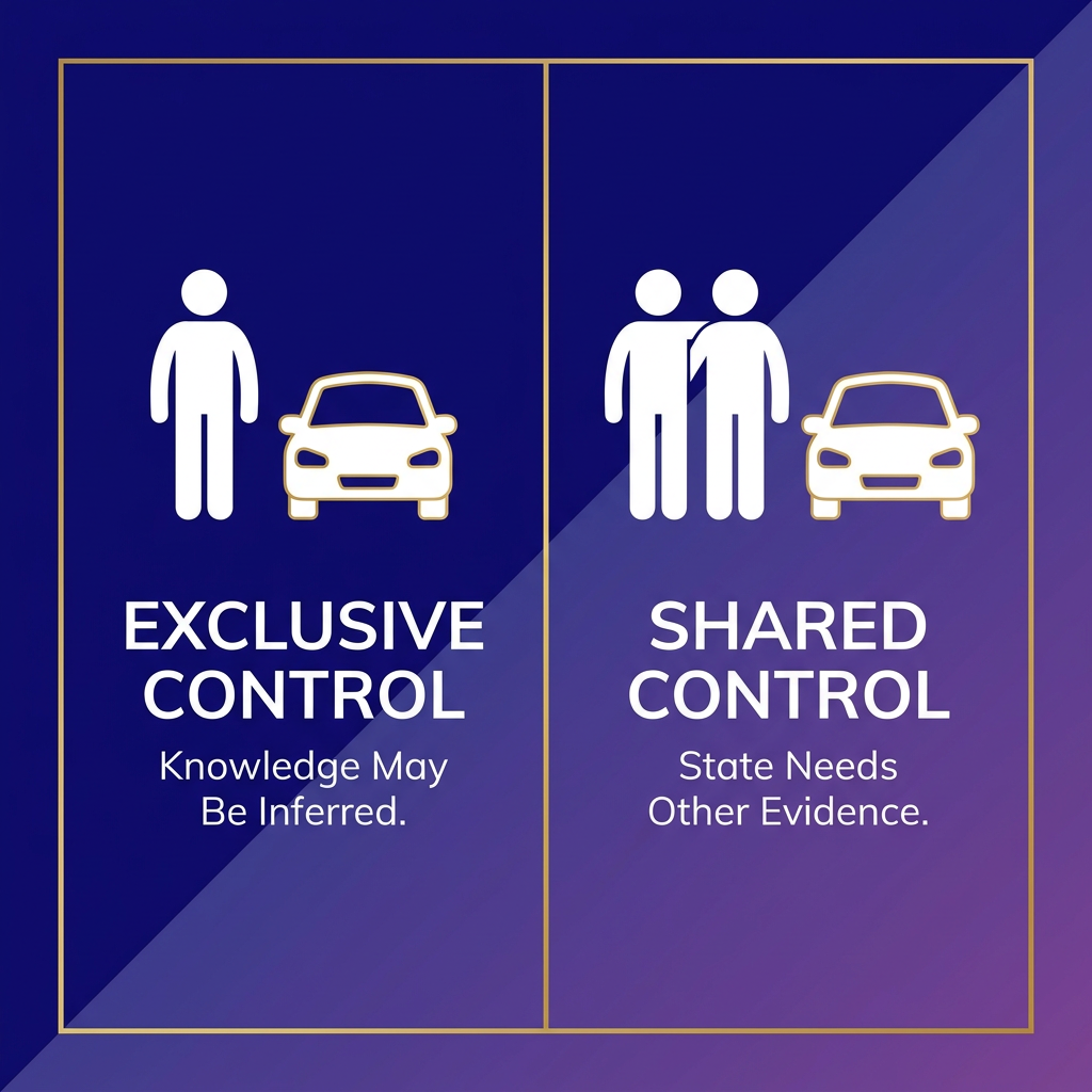 Split infographic contrasting exclusive control, where knowledge may be inferred, with shared control needing proof.