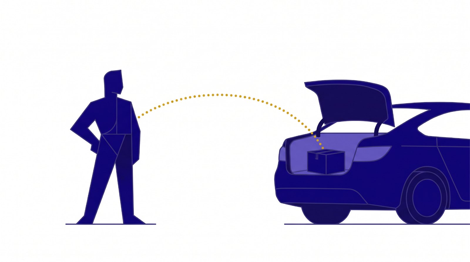 Illustration of a person linked by a dotted gold line to a closed container in a car trunk, showing control at a distance.