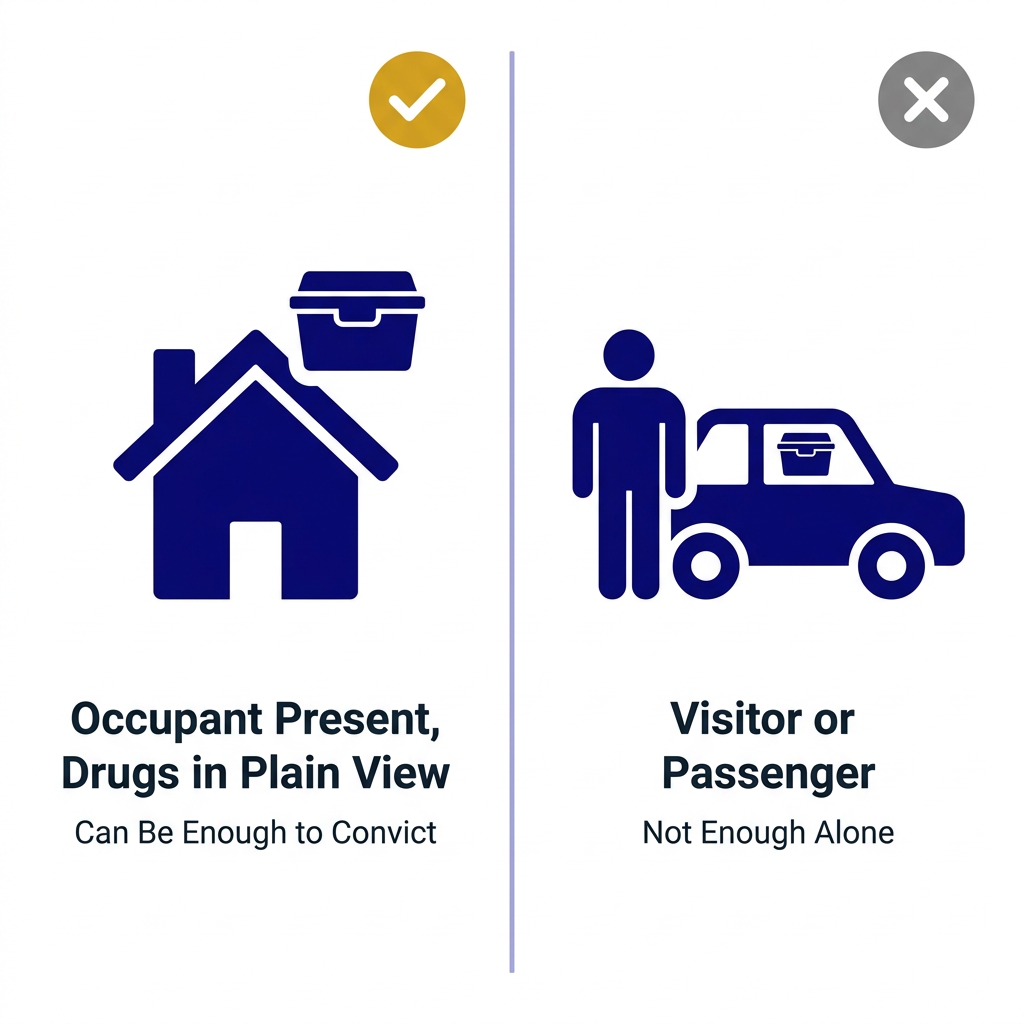 Split infographic contrasting an occupant with drugs in plain view against a visitor or passenger under the rule.