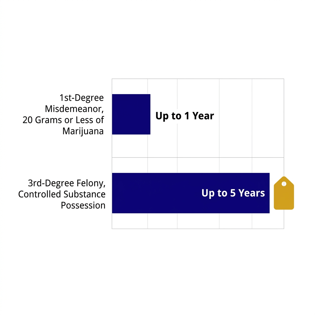 Bar chart comparing prison exposure: up to one year for a marijuana misdemeanor versus up to five years for a felony.