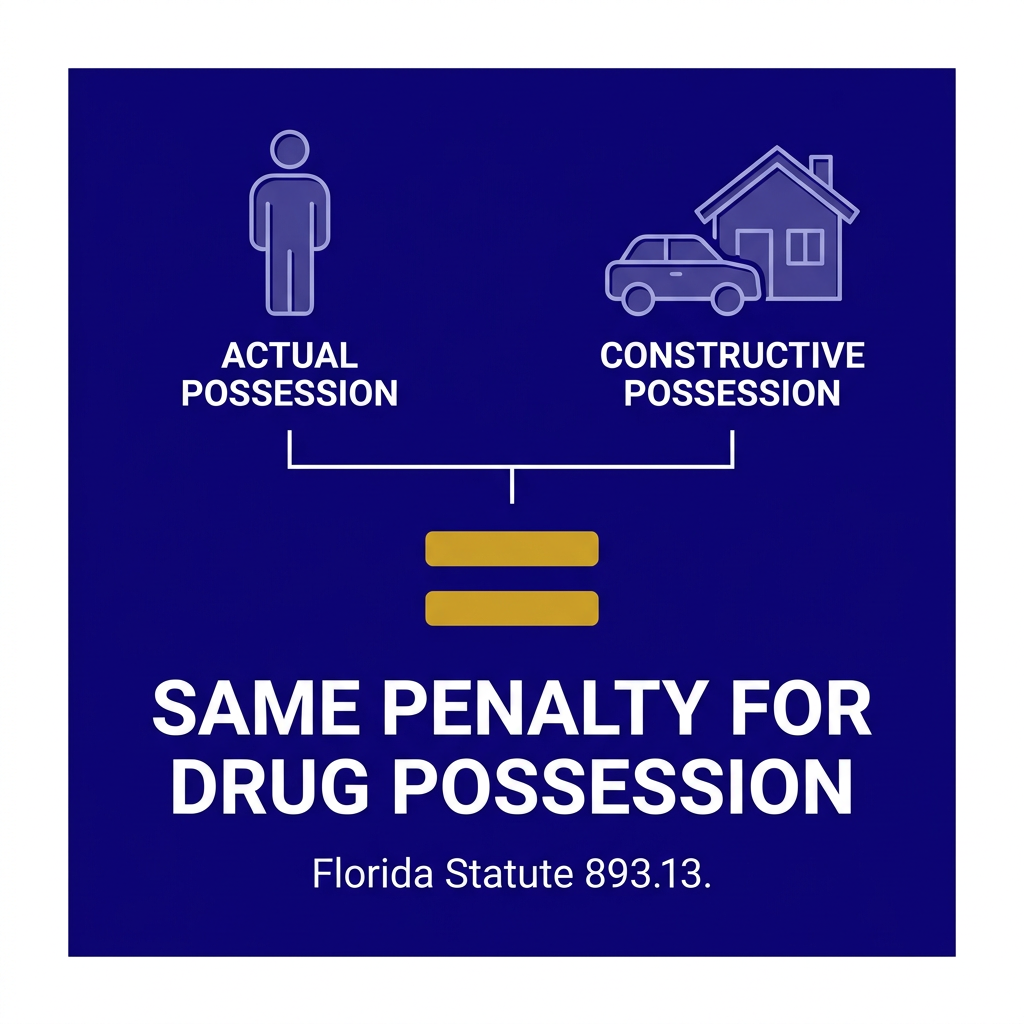 Infographic showing actual and constructive possession converging on the same penalty for drug possession under Florida Statute 893.13.