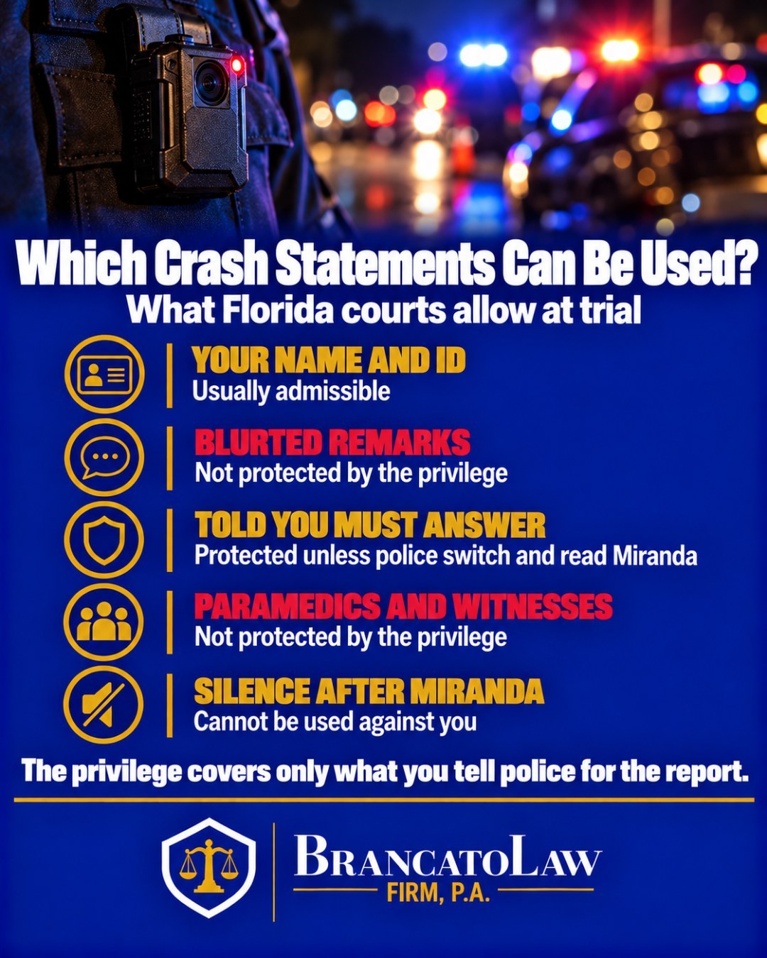 Infographic from The Brancato Law Firm, P.A. on the Florida accident report privilege: identity statements are usually admissible, blurted remarks and statements to paramedics are not protected, compelled answers are protected unless police switch to a criminal investigation and read Miranda, and post-Miranda silence cannot be used.