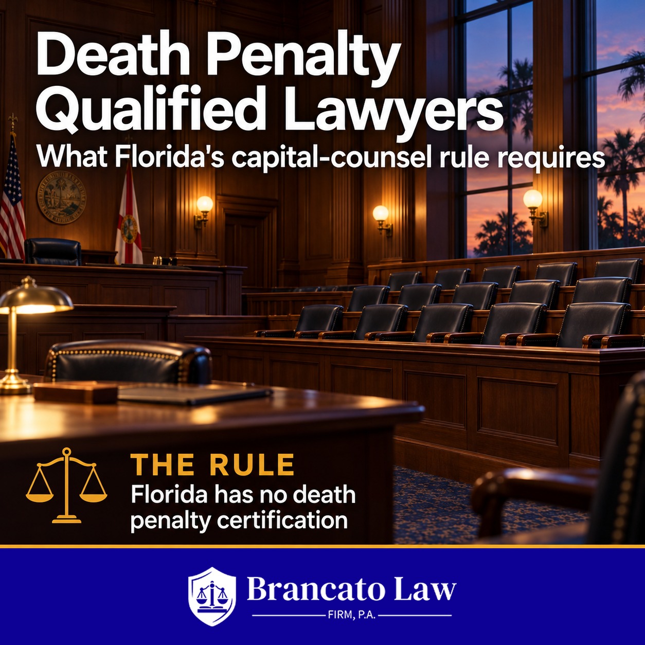 Death penalty qualified lawyer in Florida graphic explaining that Florida has no death penalty certification and that capital counsel must meet Rule 3.112, from The Brancato Law Firm