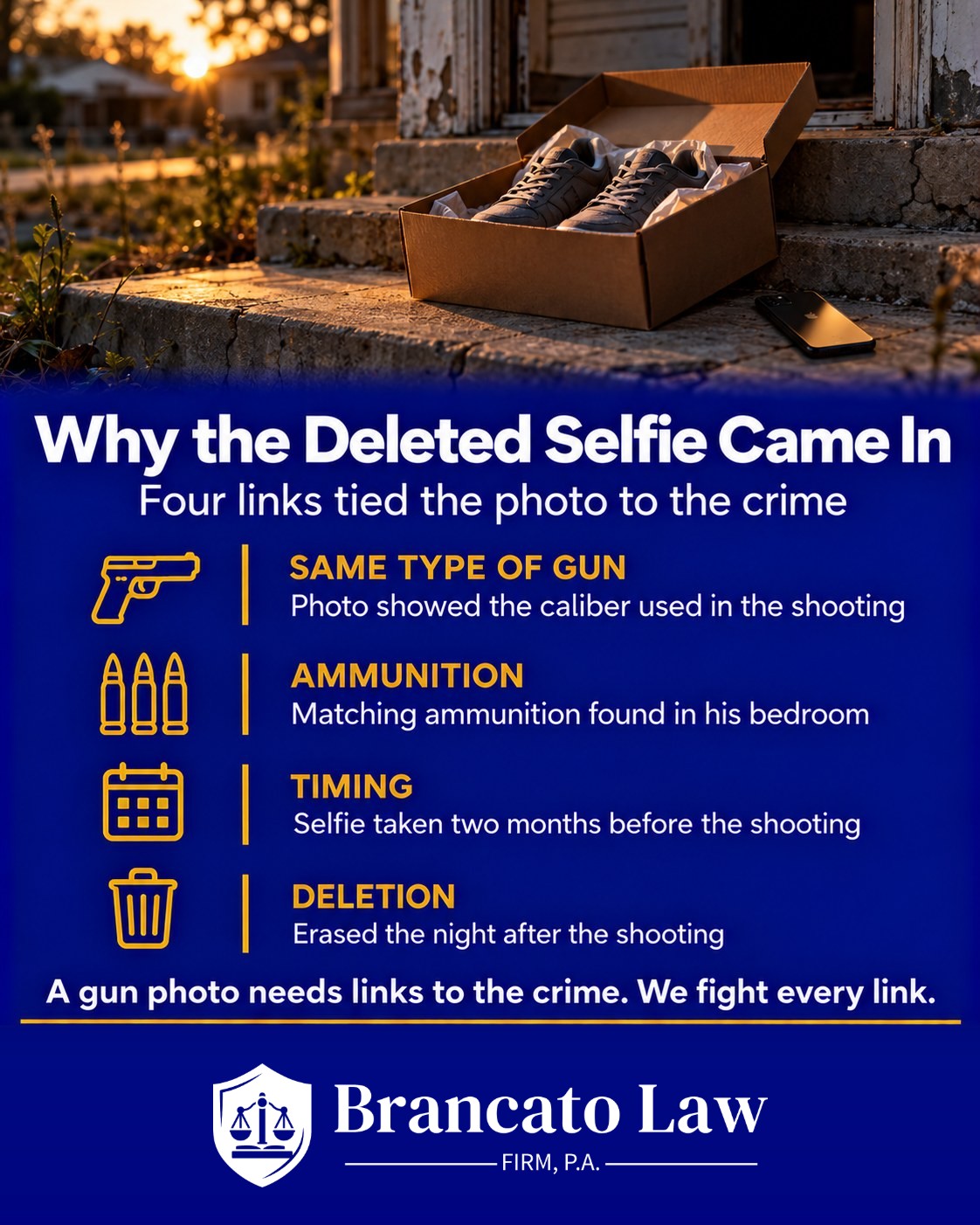 Infographic explaining the four links that let a Florida court admit a deleted selfie with a gun as evidence: same caliber, matching ammunition, timing, and deletion the night after the shooting, by The Brancato Law Firm, P.A., Tampa criminal defense