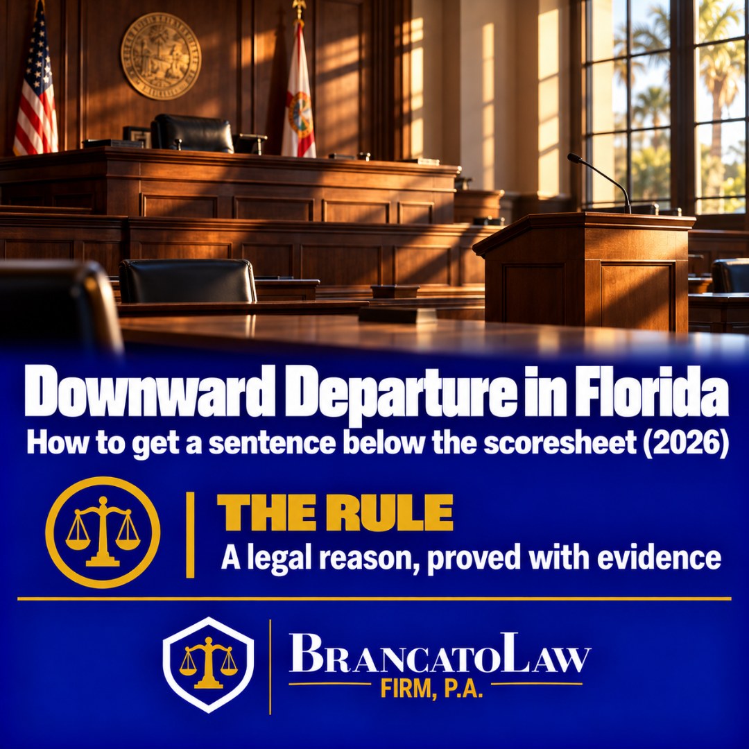 Cover graphic: how to get a downward departure in Florida in 2026, a sentence below the Criminal Punishment Code scoresheet that requires a legal reason proved with evidence. The Brancato Law Firm, P.A., Tampa criminal defense.