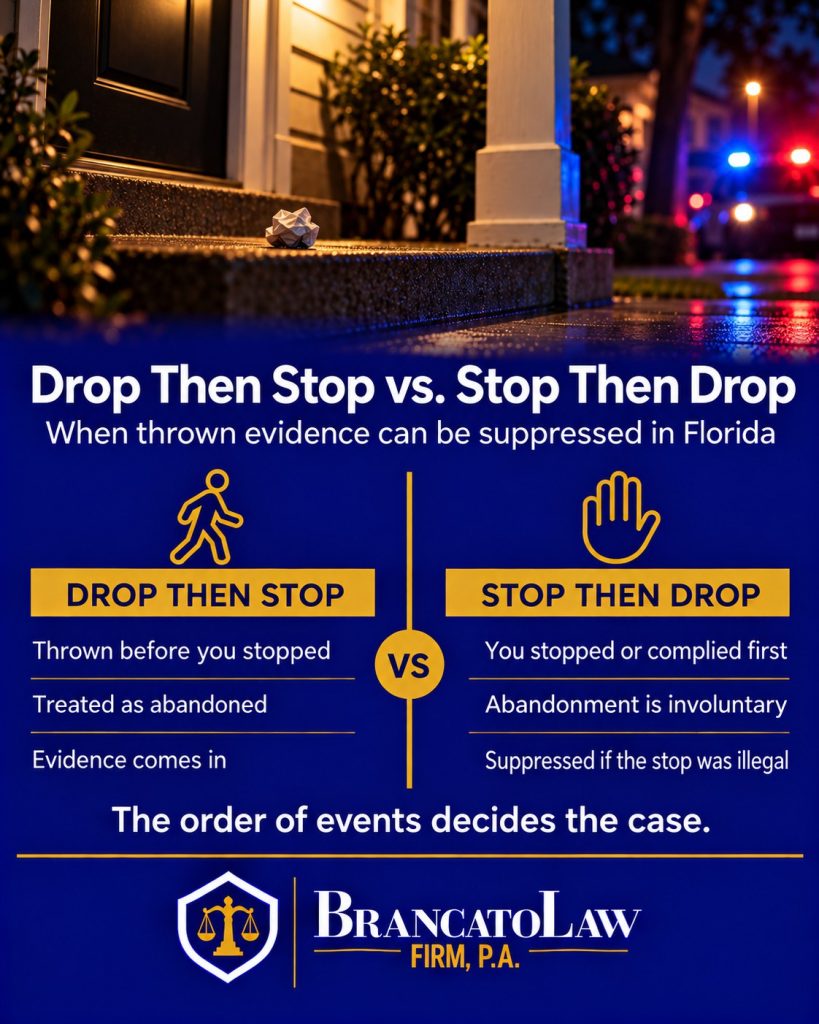Drop then stop vs. stop then drop in Florida: drugs thrown before stopping are abandoned, drugs thrown after submitting to an illegal stop can be suppressed, The Brancato Law Firm, P.A.