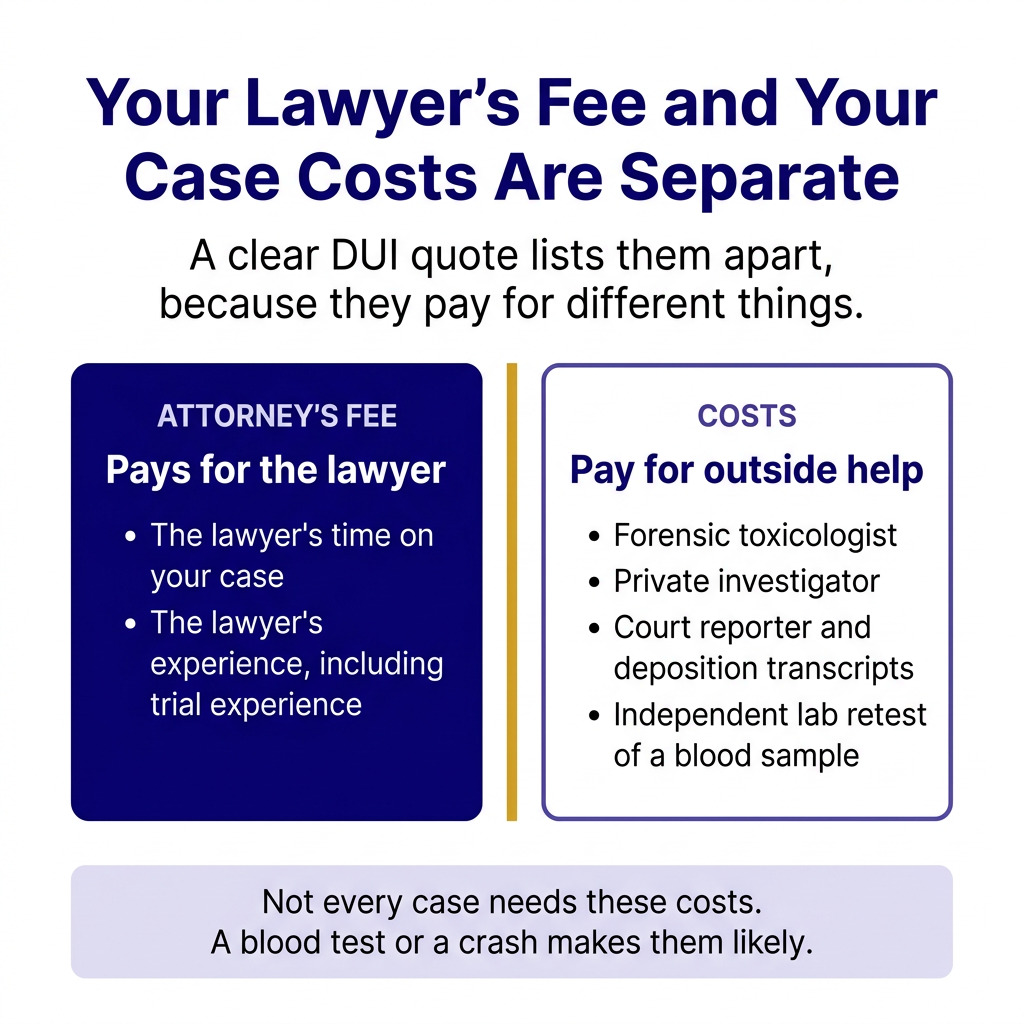 Infographic showing that the attorney's fee pays for the lawyer, while case costs pay for outside help such as experts.