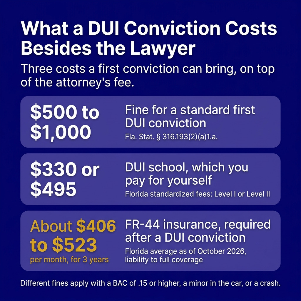 Three costs of a first DUI conviction: a $500 to $1,000 fine, $330 or $495 for DUI school, and FR-44 insurance for 3 years.