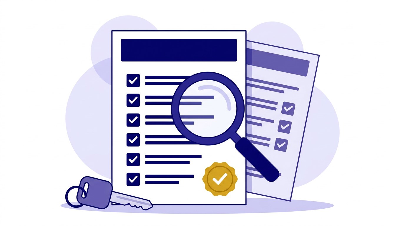 Flat illustration of a checklist with every item checked, a magnifying glass, a car key, and a gold seal of approval.