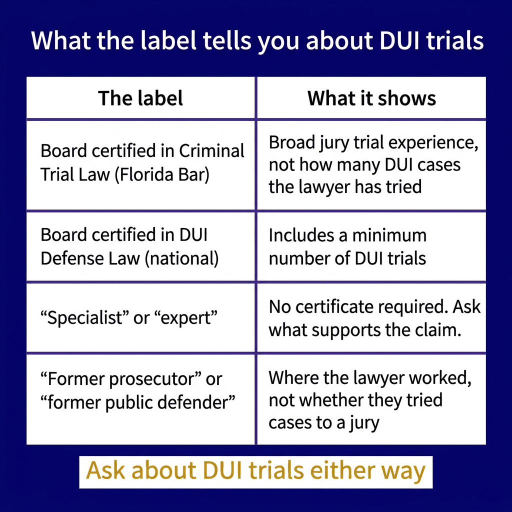 Table of four lawyer labels, such as board certified and former prosecutor, and what each shows about DUI trials.