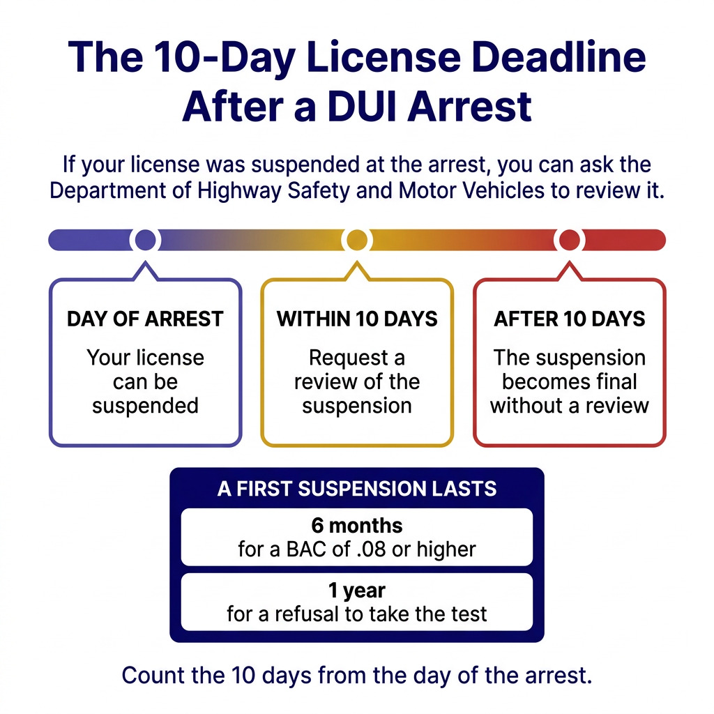 Timeline of the 10-day deadline to request a Florida DUI license review, with first suspensions of 6 months or 1 year.
