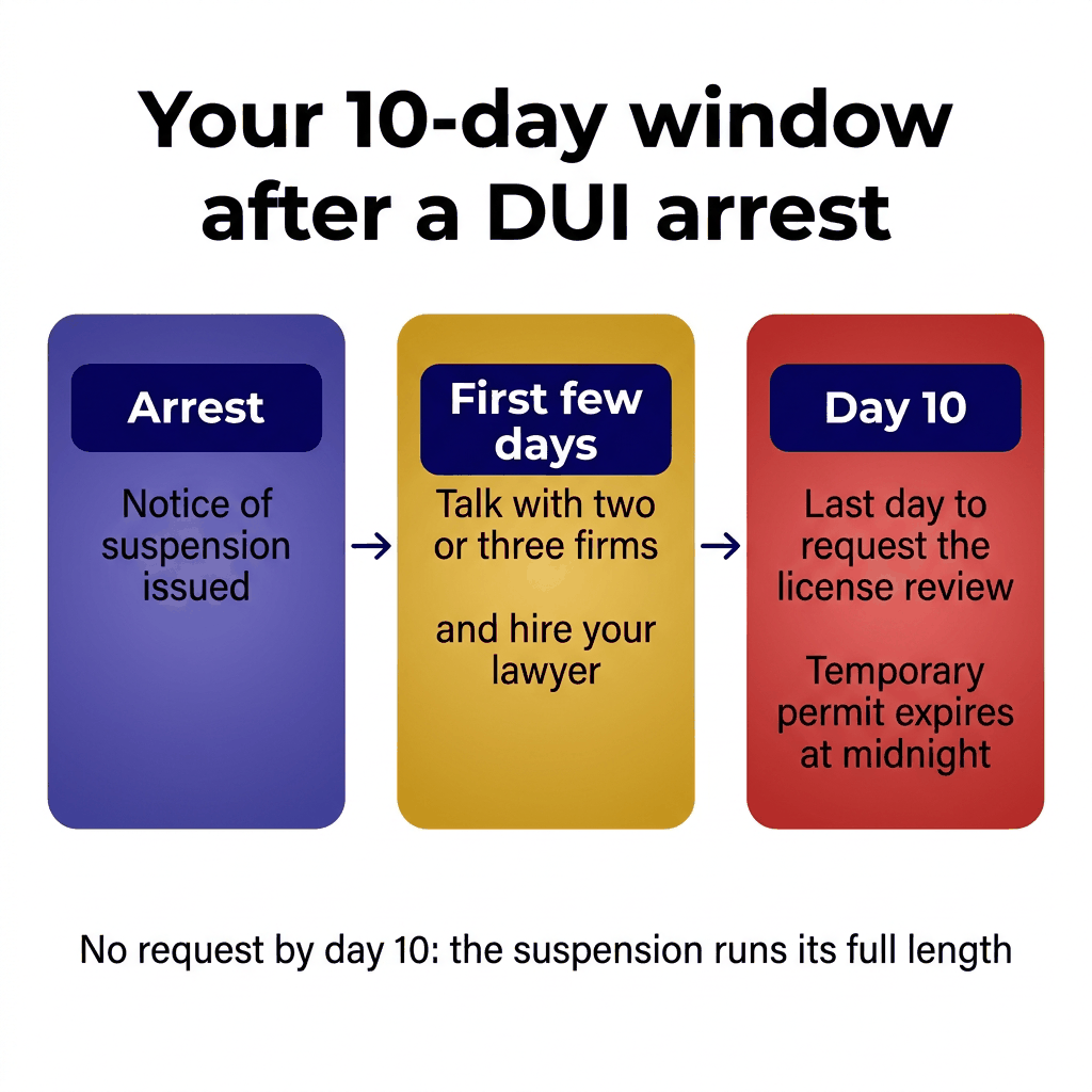 Timeline from the notice of suspension to day 10, the last day to request a Florida DUI license review.