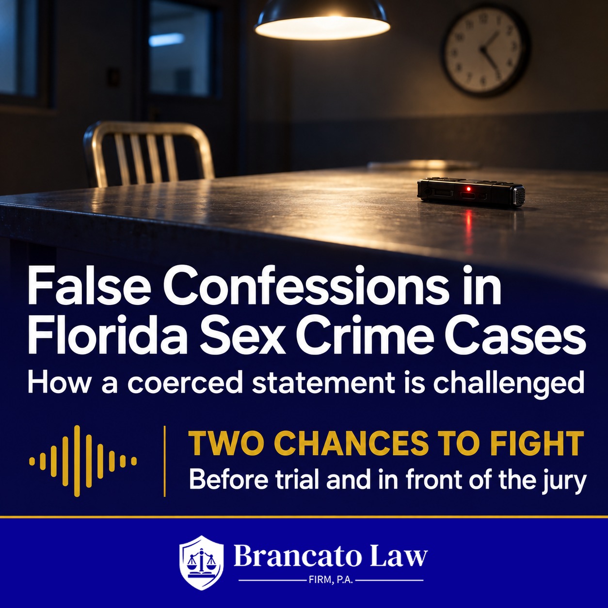 Cover graphic on how a false confession in a Florida sex crime case is challenged before trial and in front of the jury, from The Brancato Law Firm, P.A. in Tampa