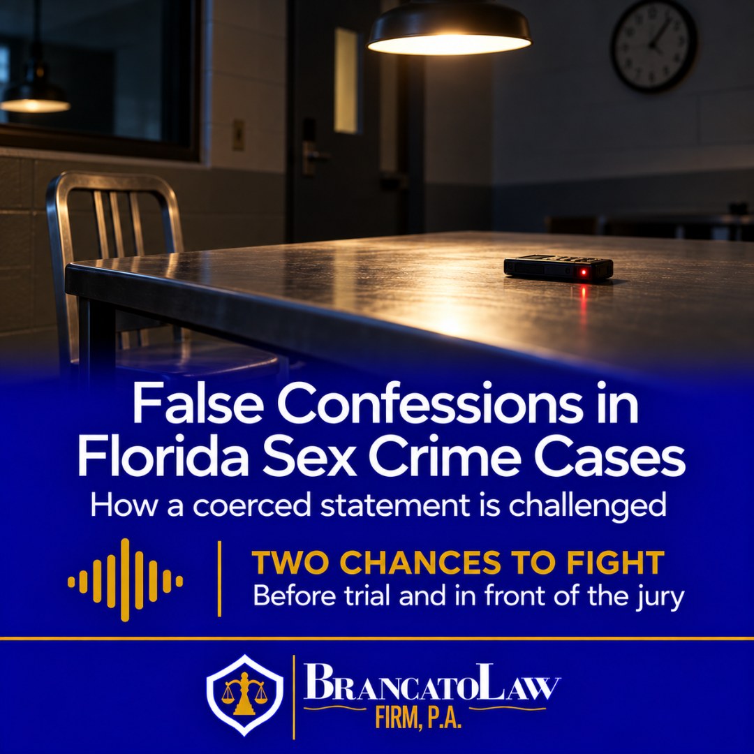 Cover graphic on how a false confession in a Florida sex crime case is challenged before trial and in front of the jury, from The Brancato Law Firm, P.A. in Tampa