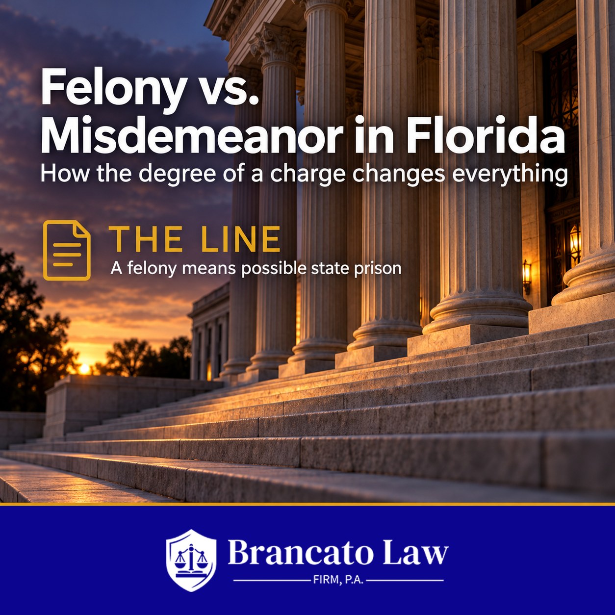 Felony vs misdemeanor Florida: cover graphic on how the degree of a charge changes everything; a felony means possible state prison. The Brancato Law Firm, P.A.