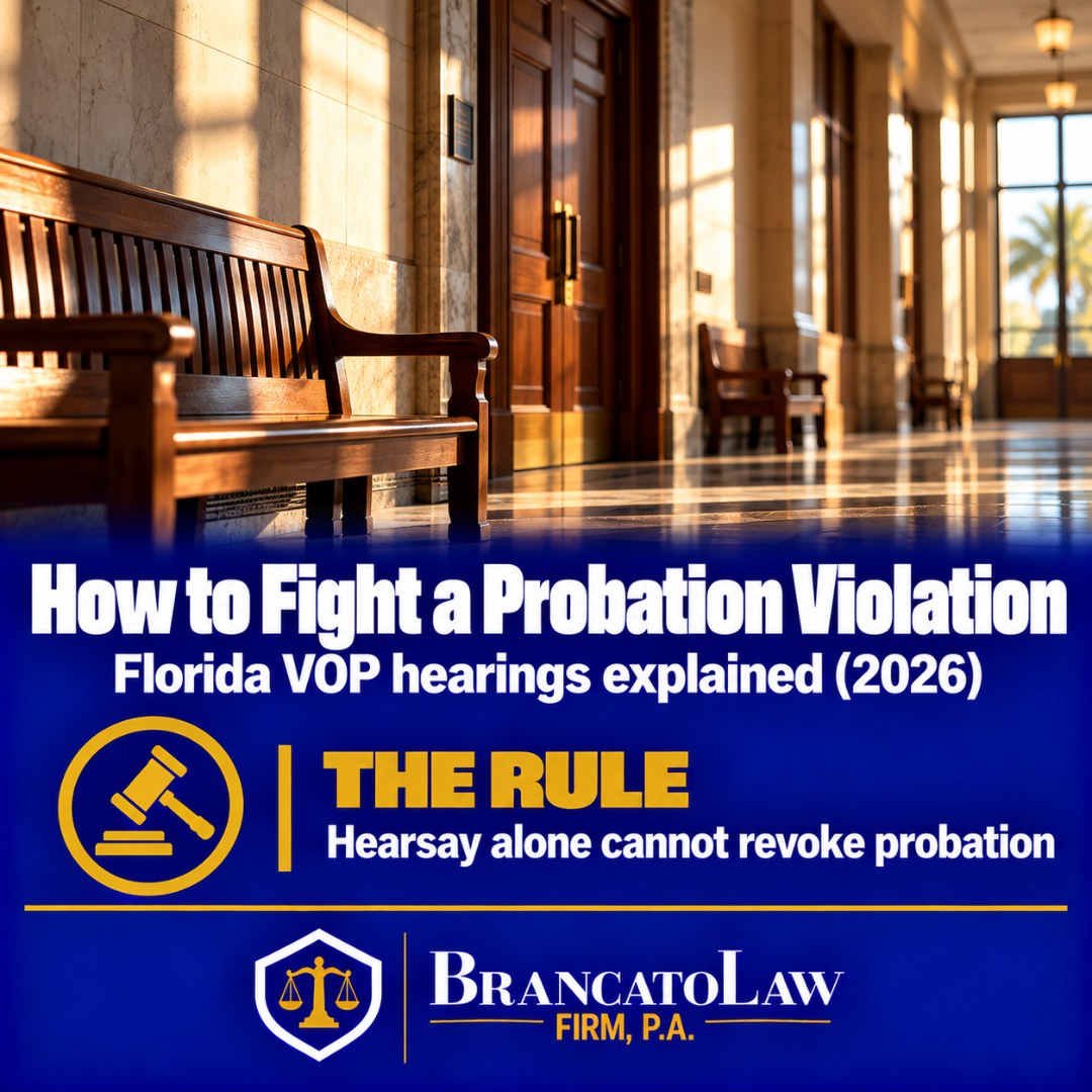 Cover graphic: how to fight a probation violation in Florida in 2026; at a VOP hearing, hearsay alone cannot revoke probation. The Brancato Law Firm, P.A., Tampa criminal defense.