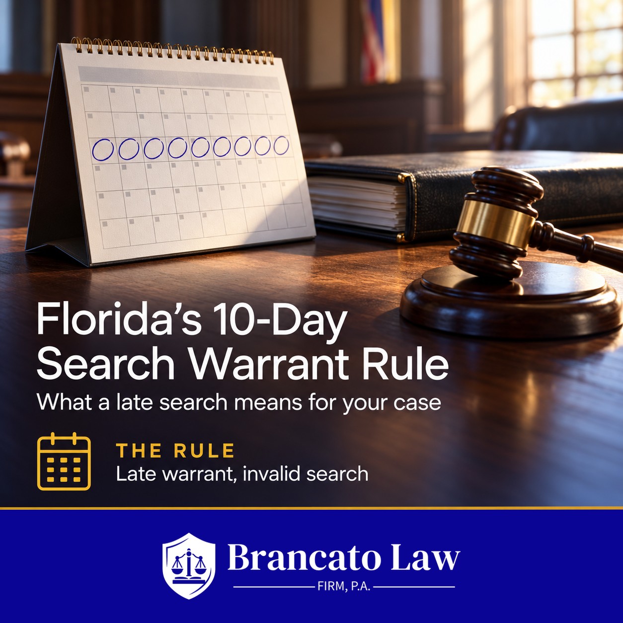 Cover graphic from The Brancato Law Firm, P.A. on Florida's 10-day search warrant rule under section 933.05: a warrant executed late is stale and the search is invalid.