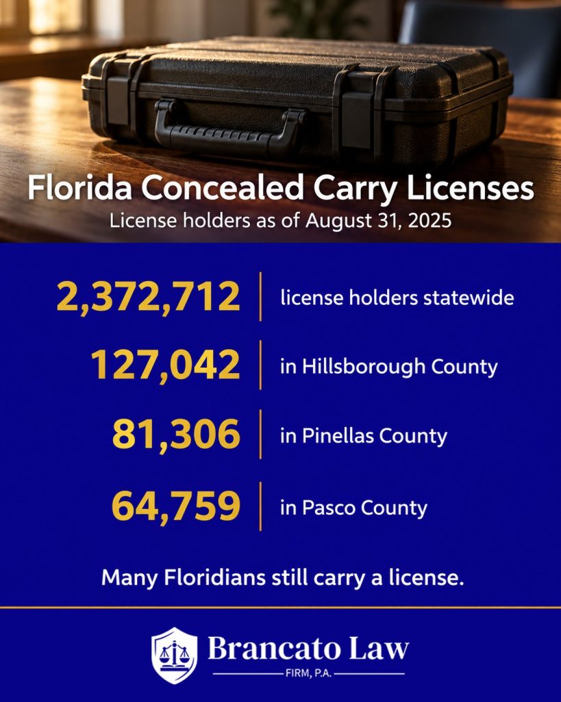Infographic by The Brancato Law Firm showing 2,372,712 Florida concealed carry license holders as of August 31, 2025, including 127,042 in Hillsborough, 81,306 in Pinellas, and 64,759 in Pasco County