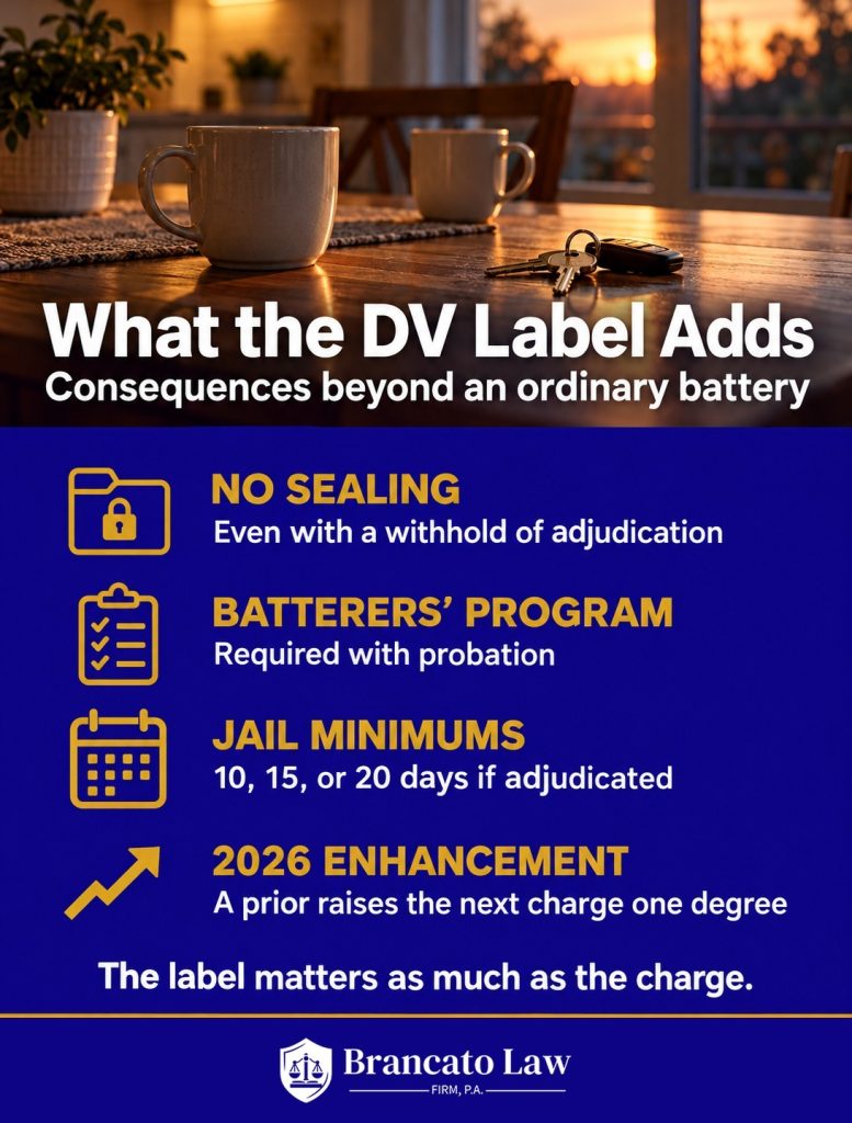 Infographic of what a Florida domestic violence designation adds: no sealing even with a withhold, a batterers' intervention program, 10, 15, or 20 day jail minimums if adjudicated, and the 2026 one-degree enhancement for a prior.