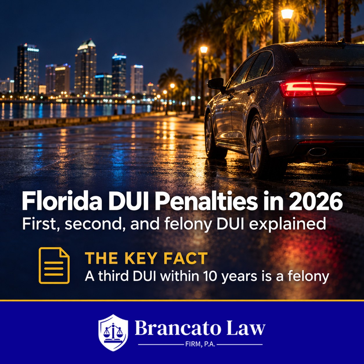 Florida DUI penalties in 2026. Cover graphic: first, second, and felony DUI explained; a third DUI within 10 years is a felony. The Brancato Law Firm, P.A.